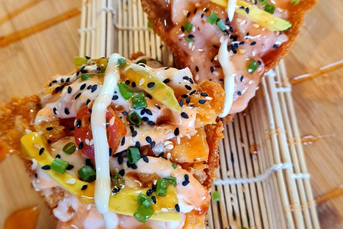 Crispy sushi taco with salmon and avocado