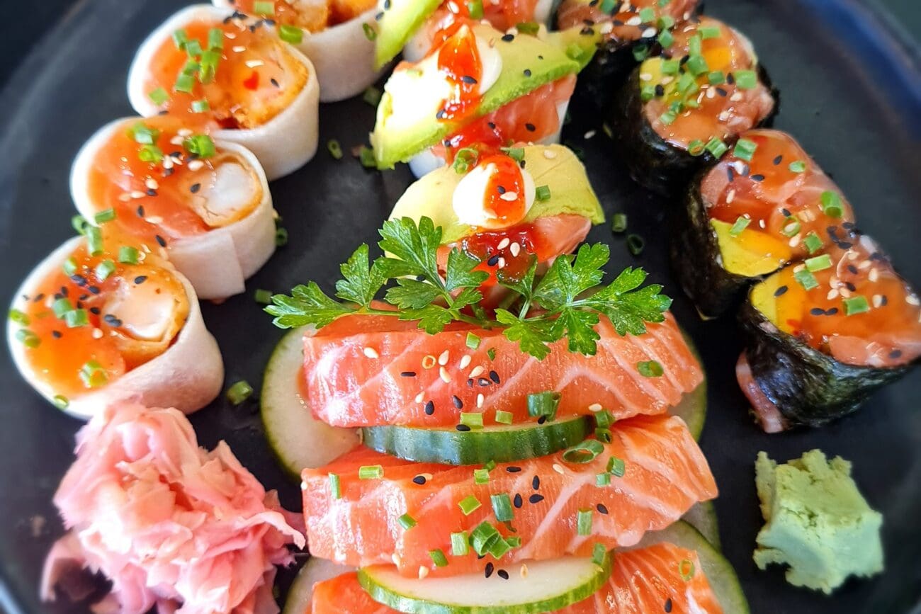 Salmon sashimi platter with rolls